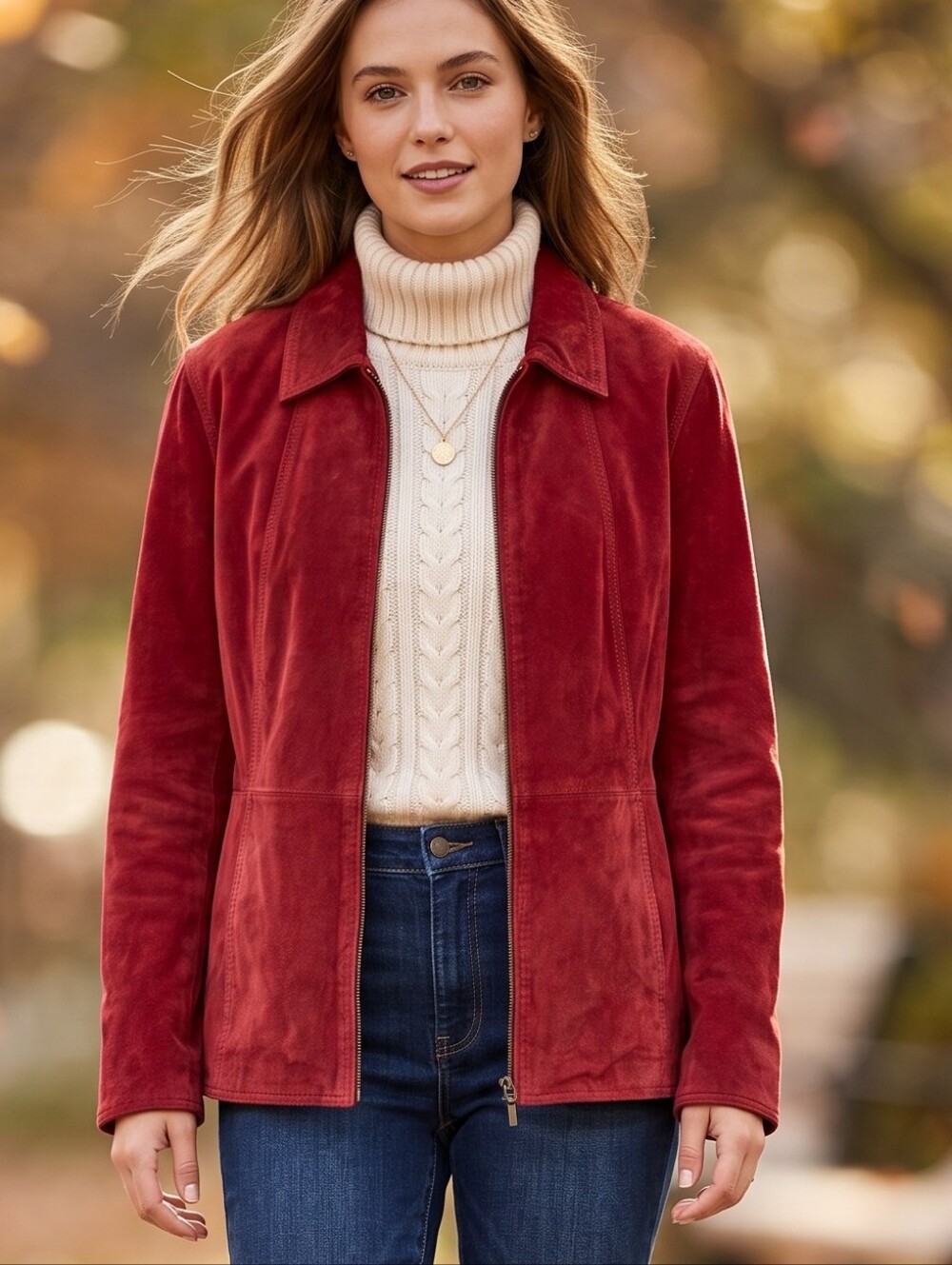 Vintage Coldwater Creek Red Genuine Suede Leather Zip Jacket 90s Fall XL